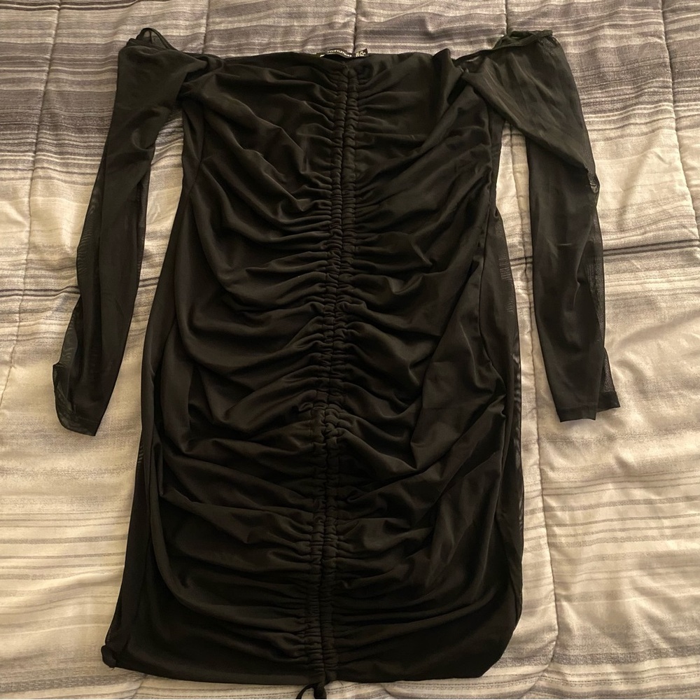 Shape Black Mesh Ruched Bardot Bodycon Dress